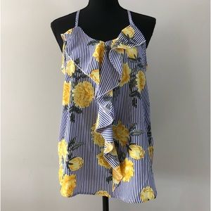 Women’s Time to Bloom Floral Blue White stripped halter back tank top size S